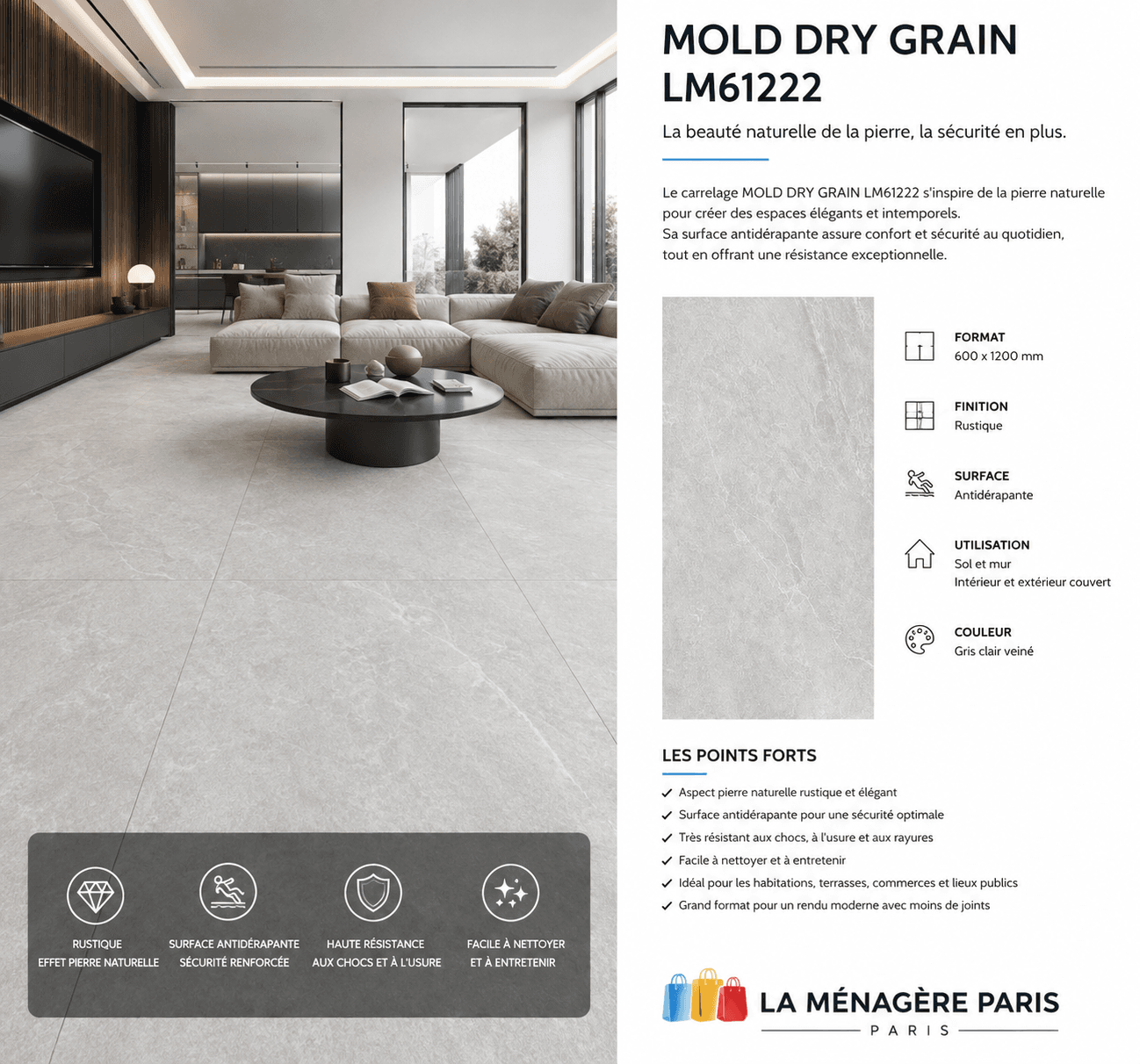 16€/M2, MOLD DRY GRAIN LM61222 – Anti-dérapant 120*60
