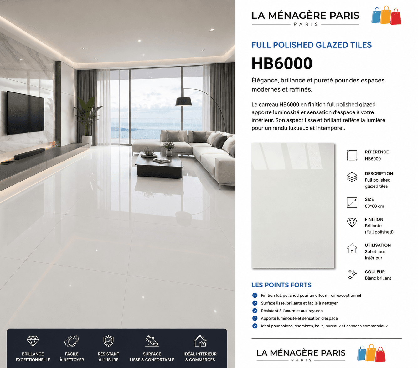 Prix: 10€/M2, HB6000 – Full Polished Glazed Tiles, Taille : 60*60