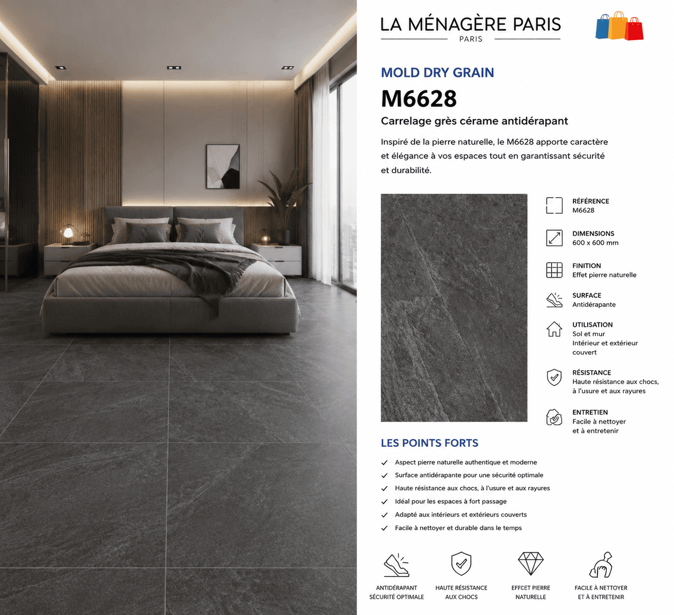 Prix 11€/M2 , MOLD DRY GRAIN M6628 – Taille:60*60