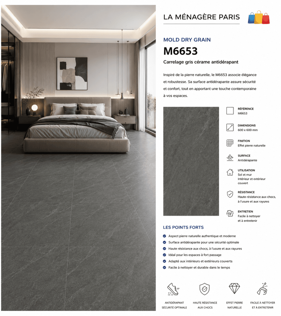 Prix: 16€/M2, MOLD DRY GRAIN M6653 Taille : 120*60 Anti-dérapant