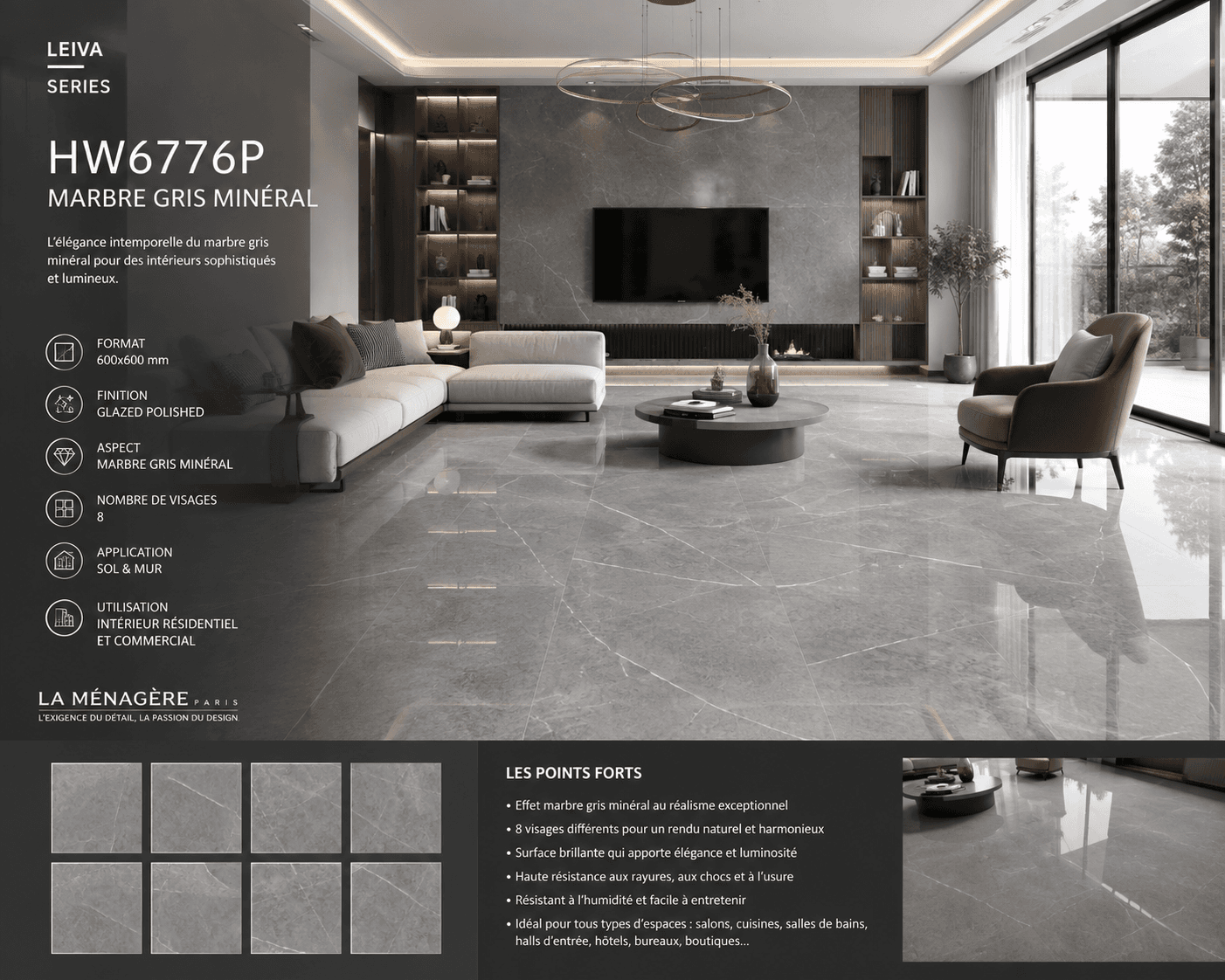 Prix: 10€/M2 carrelage, HW6776P, gris minérale- Taille: 60*60