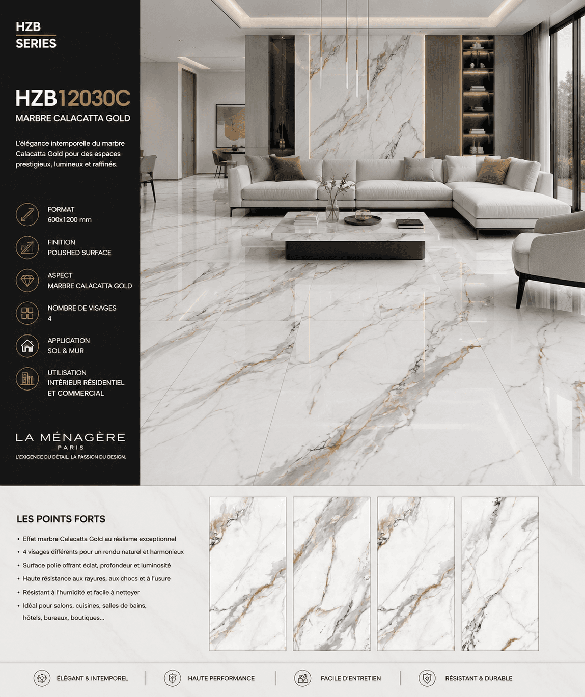Prix: 12€/M2- Carrelage HZB12030C – Le prestige du marbre blanc Calacatta Gold, Taille : 120*60