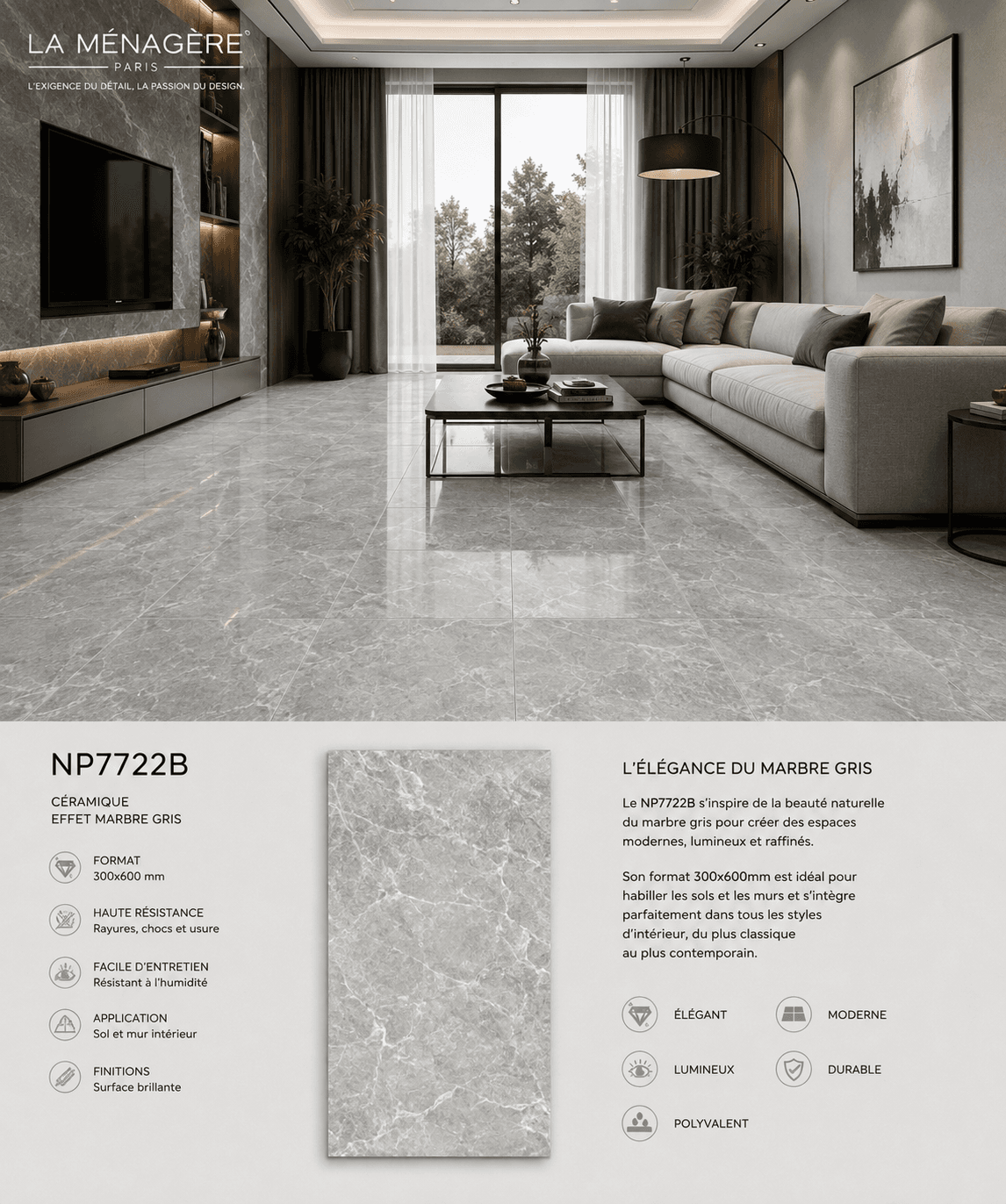 Prix: 9€/M2, Carrelage en céramique effet marbre gris – Réf. NP7722B, Taille:30*60cm