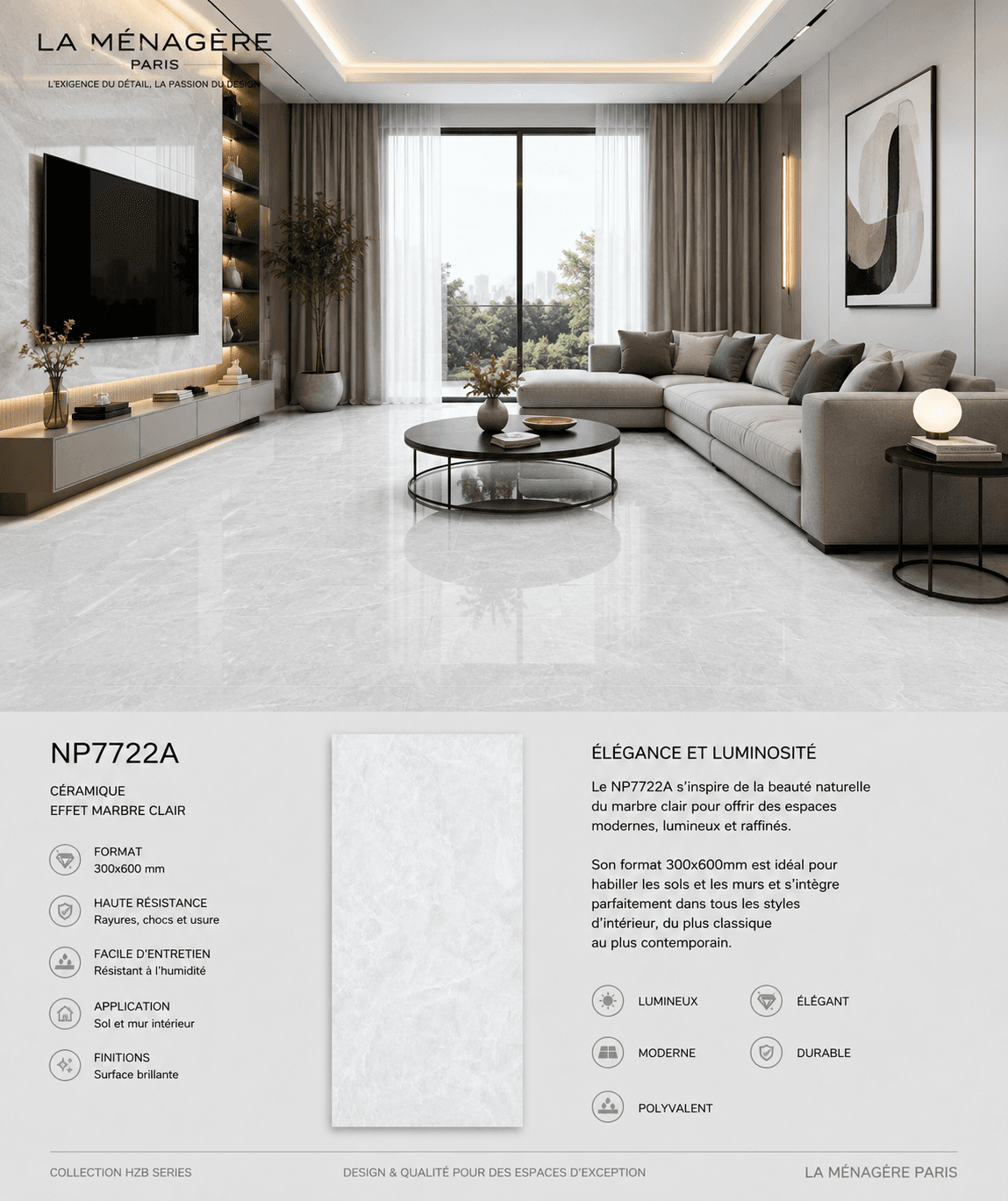 Prix: 9€/M2, Carrelage en céramique effet marbre clair – Réf. NP7722A, Taille: 30*60cm