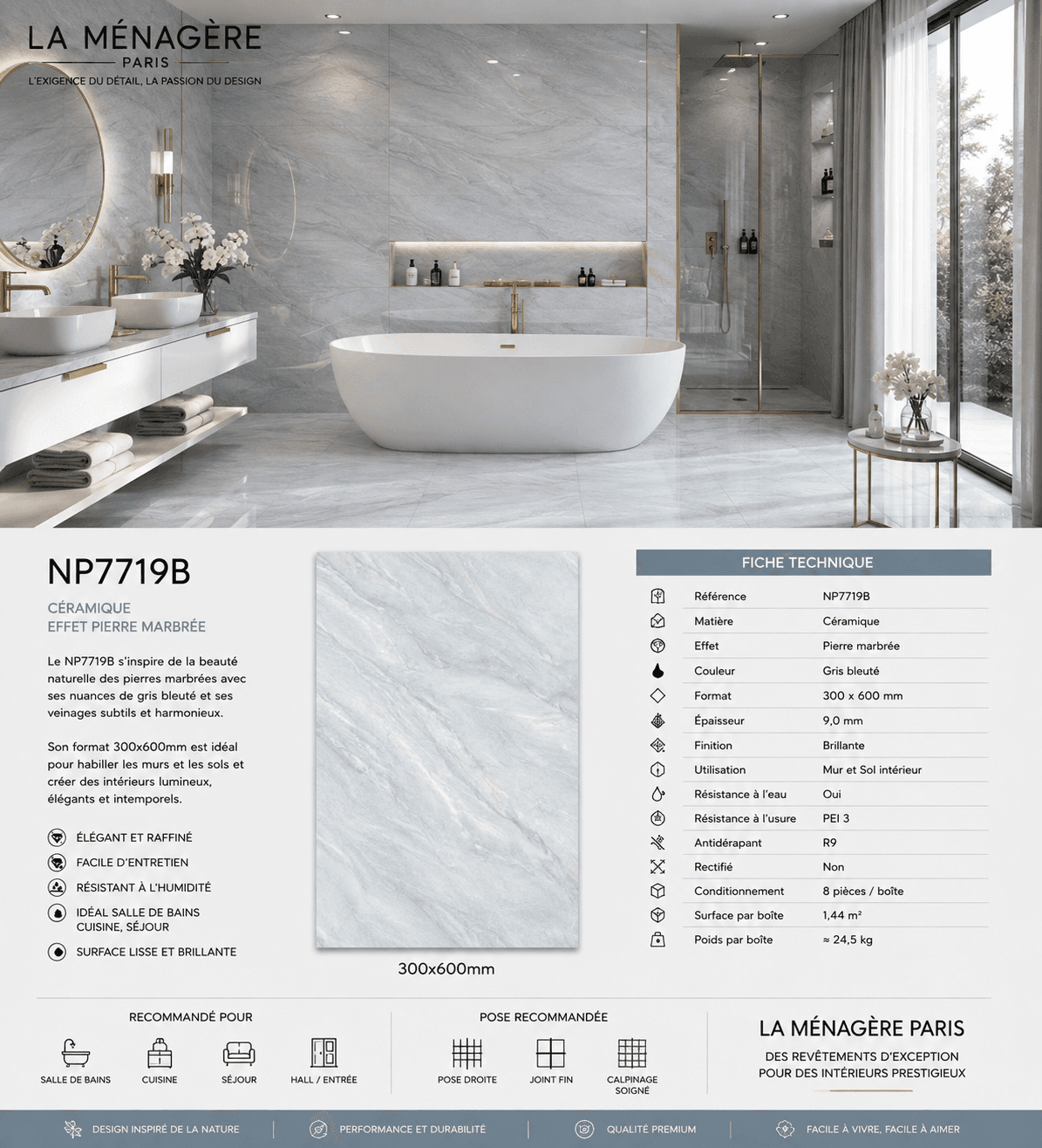 Prix :9€/M2,Carrelage en céramique effet pierre marbrée – Référence NP7719B, Taille:30*60cm