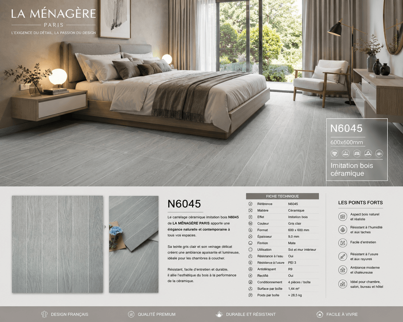 Prix: 14€/M2, Carrelage Céramique Imitation Bois – Référence N6045, Taille:60*60cm