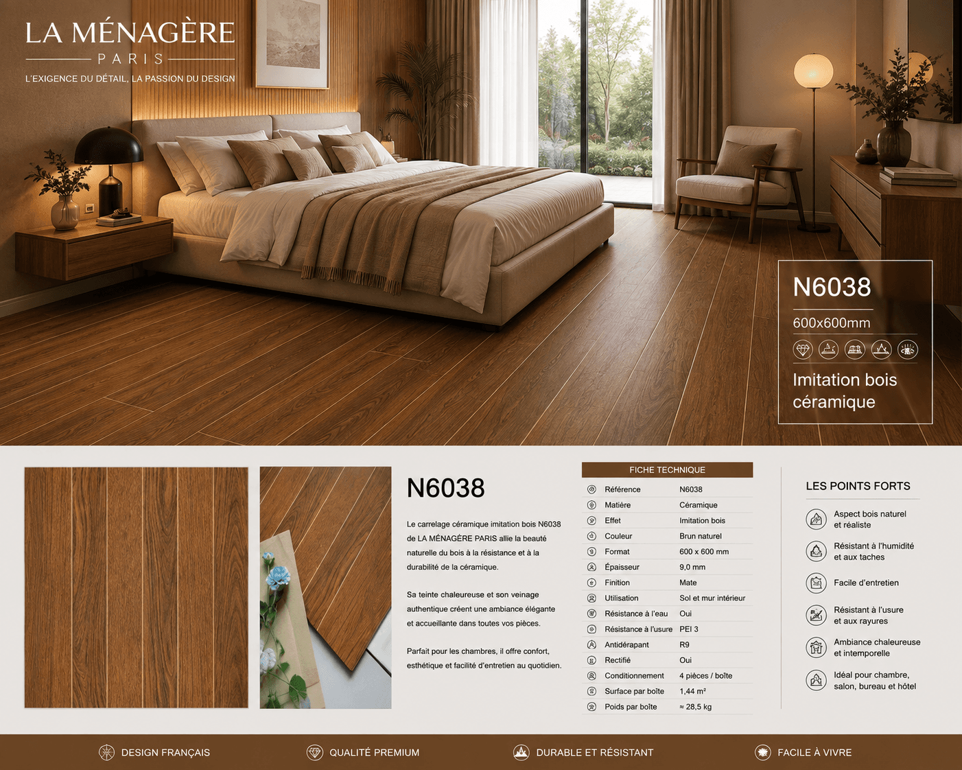 Prix:14€/M2, Carrelage Céramique Imitation Parquet – Référence N6038, Taille:60*60cm
