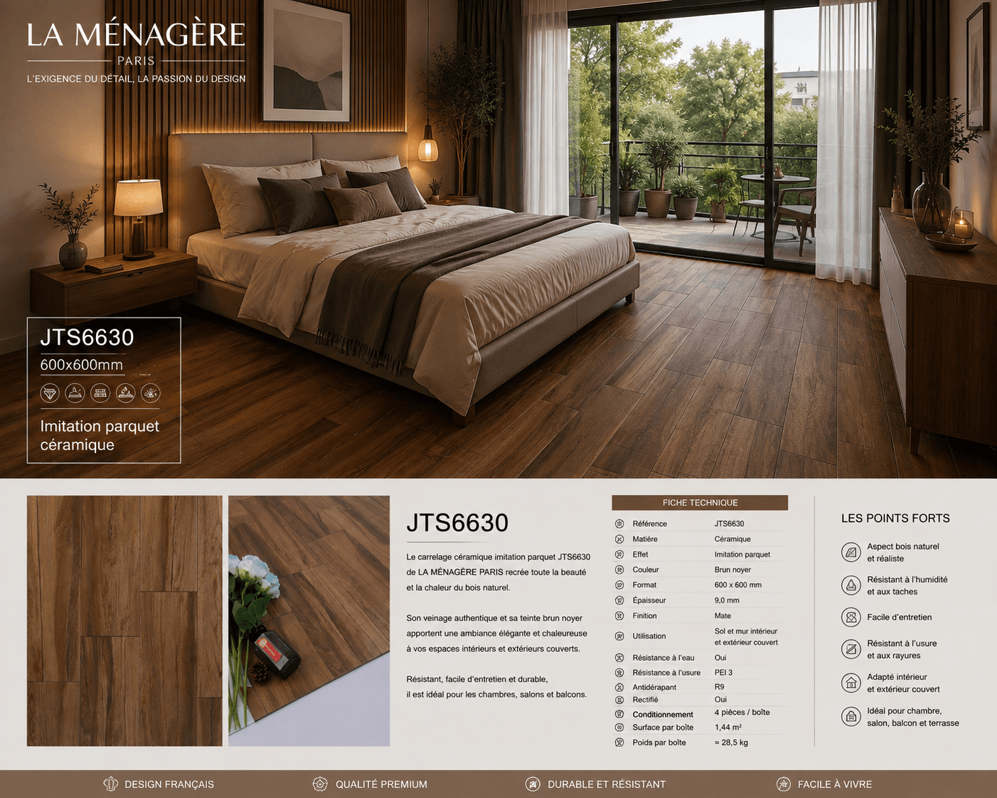 Prix:14€/M2, Carrelage Céramique Imitation Parquet – Référence JTS6630, Taille: 60*60cm
