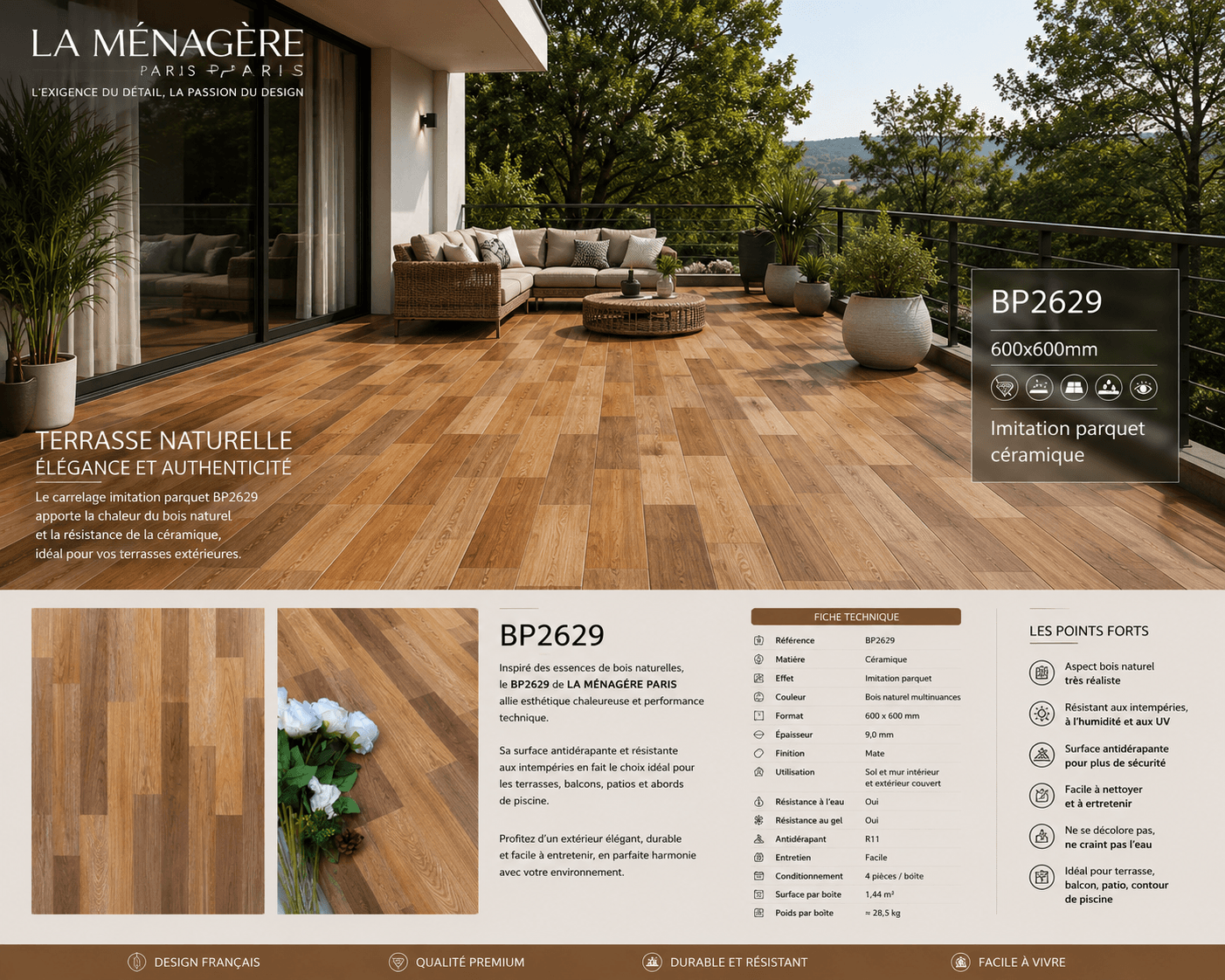 Prix: 14€/M2-Carrelage Céramique Imitation Parquet – Référence BP2629, Taille : 60*60cm